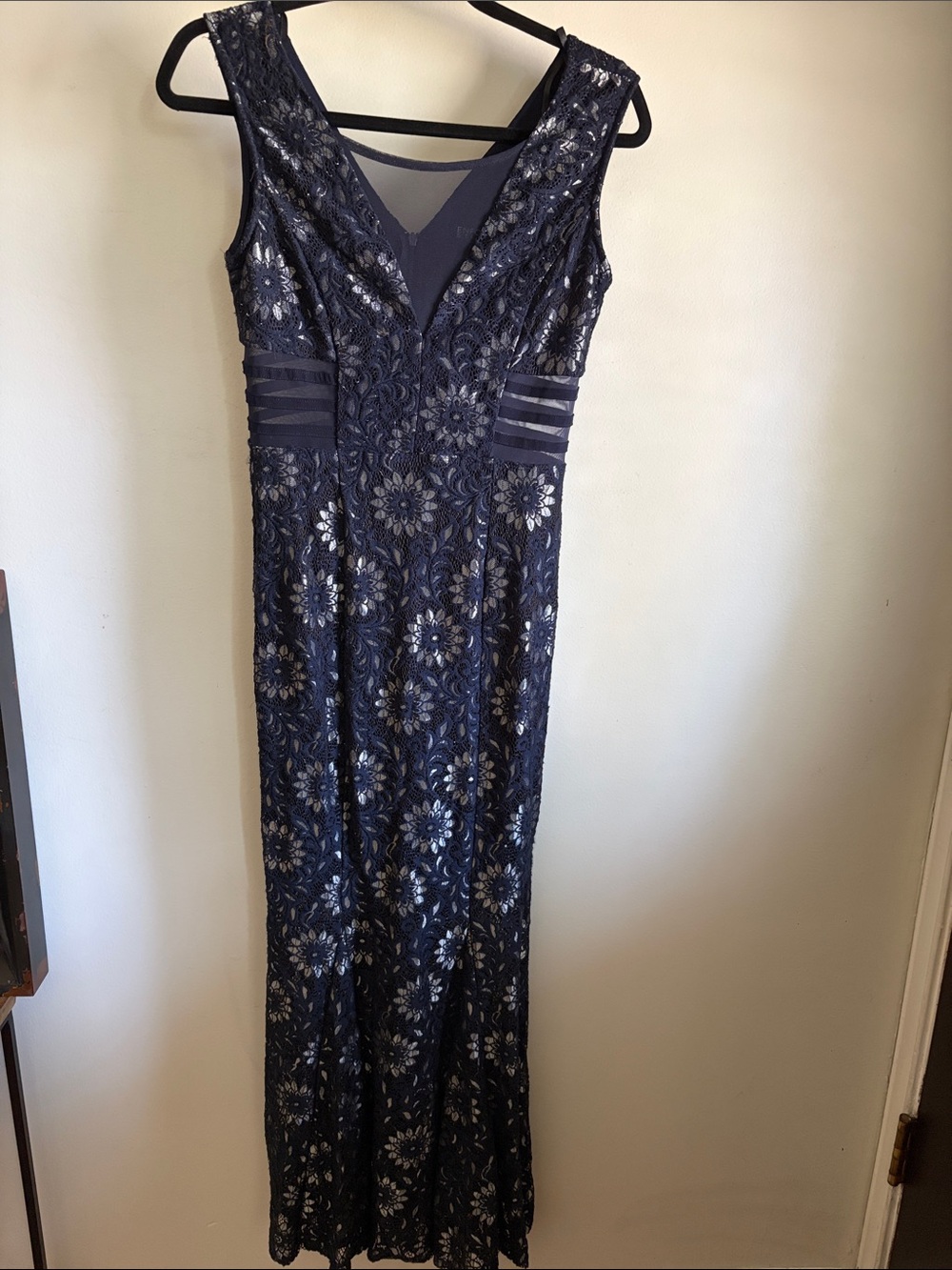 Enfocus Studio Navy Blue Lace Maxi Dress with Sheer Waist Panels